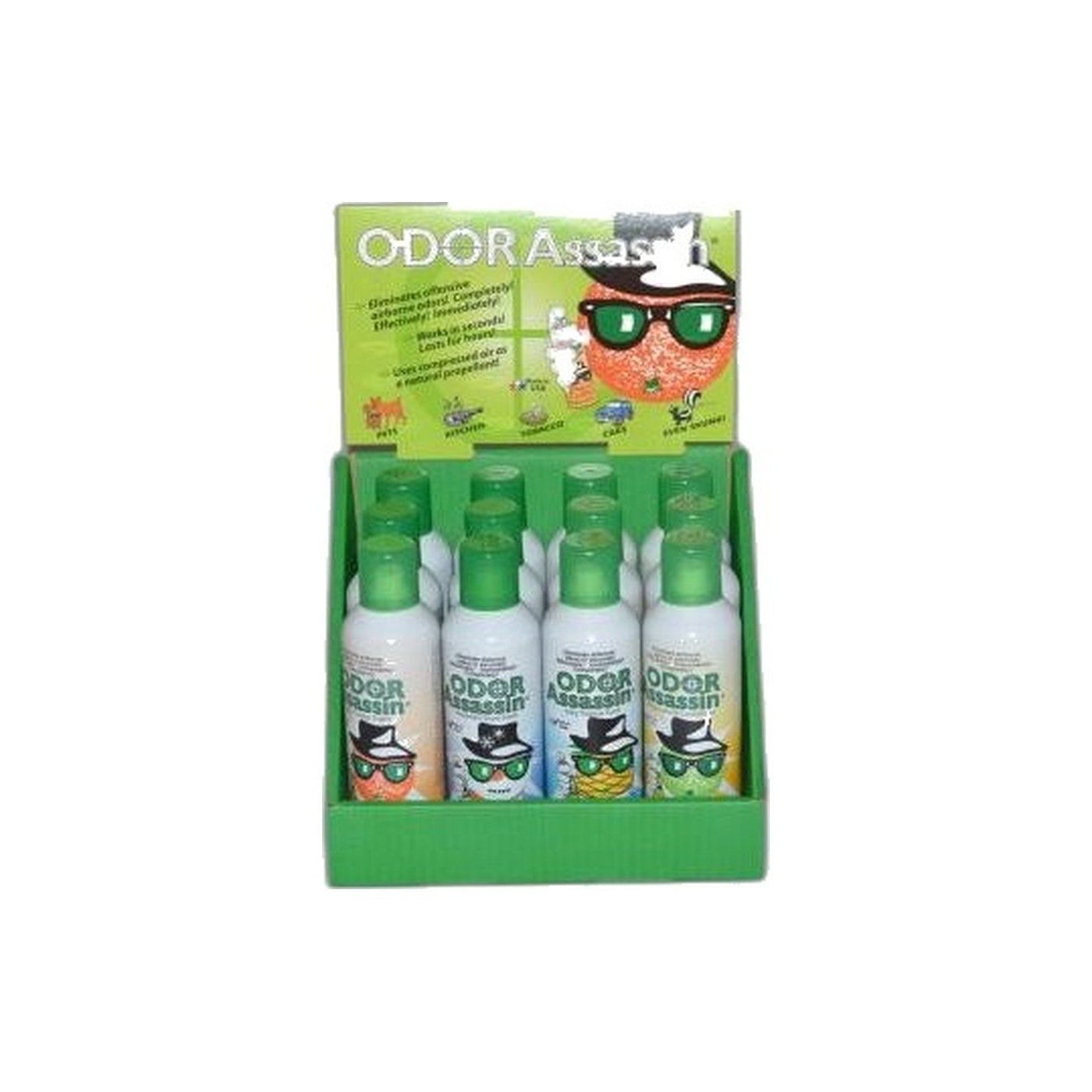 Odor Assassin Air Freshener Spray Cans - 12 Pack, 4 Scents (Orange, Lemon, Mountain Snow, Juicy Tropical)