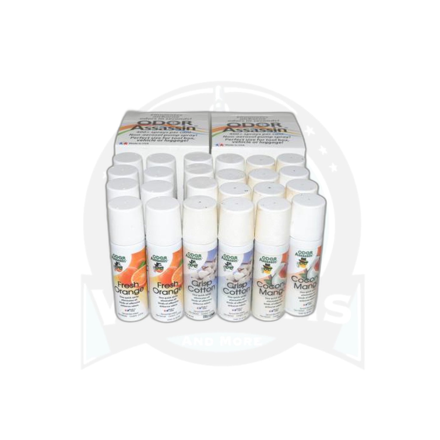 Odor Assassin Spray Bottles - 24 Pack, 2.2 oz (Orange, Cotton, Coconut Mango)