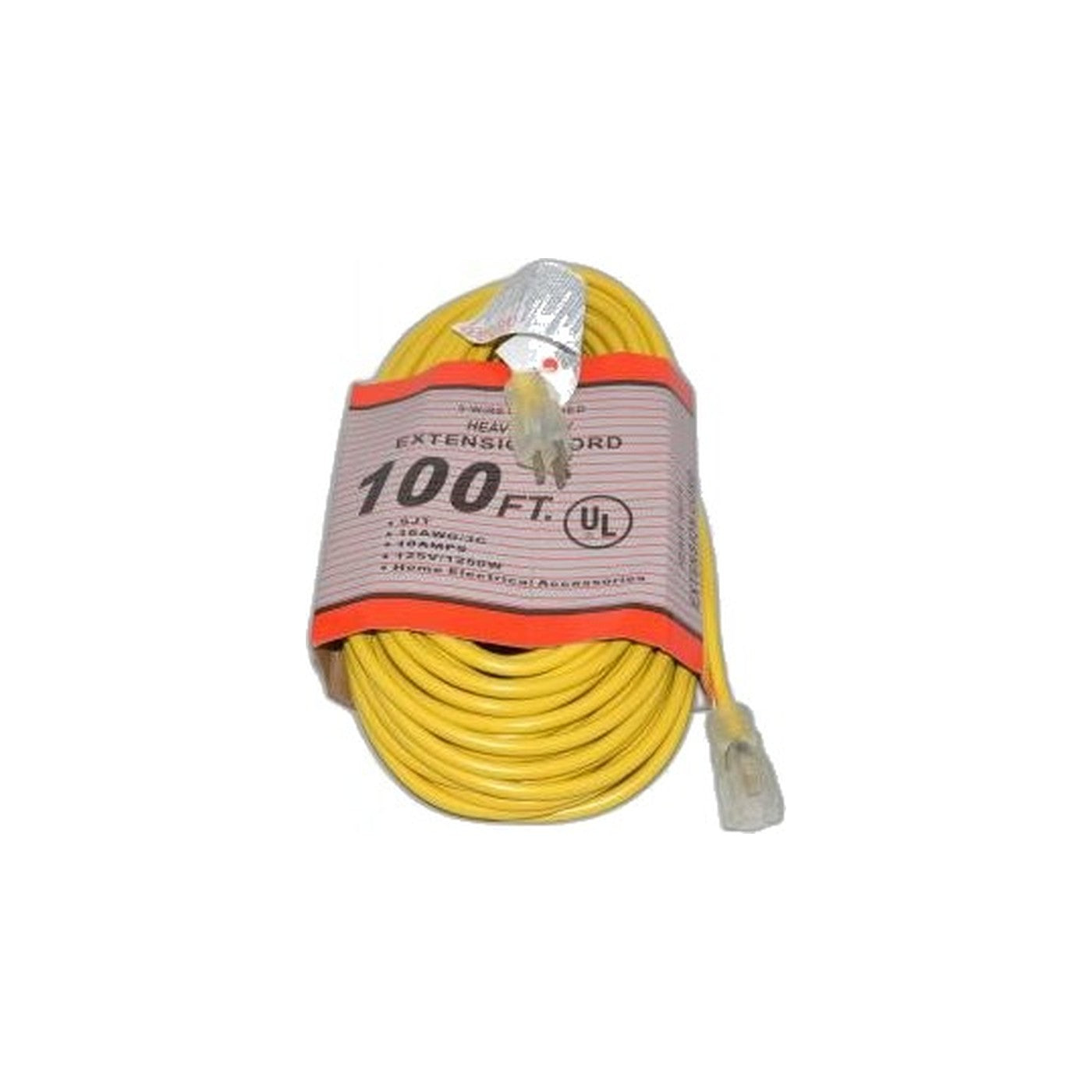 Commercial Extension Cord - 100 Foot - 16/3 - Yellow - Lighted Ends