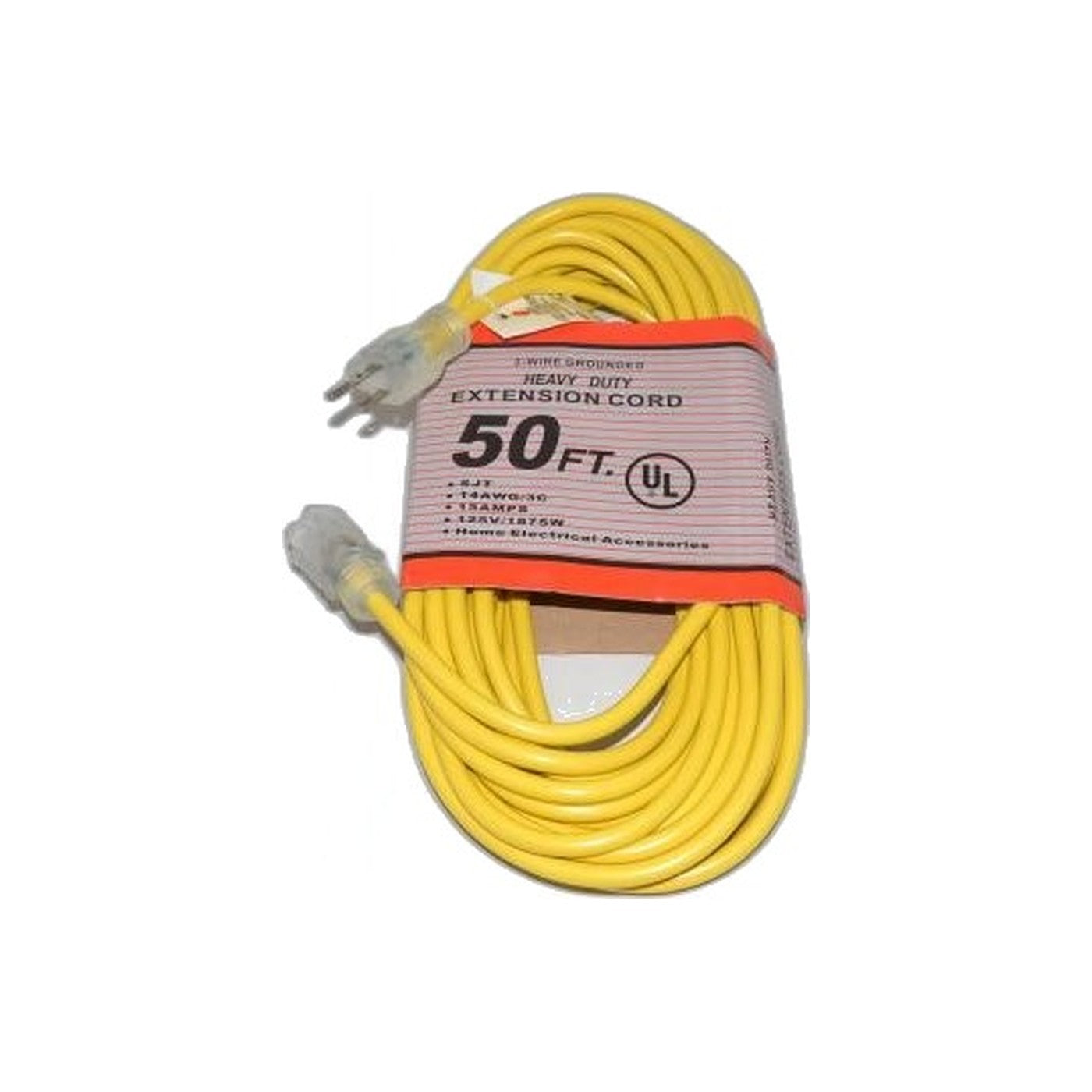 Commercial Extension Cord - 50 Foot - 14/3 - 300V - Yellow - Lighted Ends
