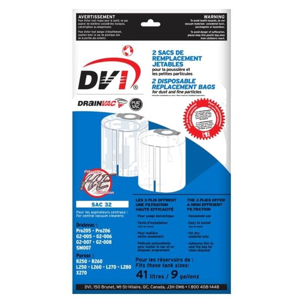 Drainvac SAC-32 central vacuum replacement bags, pack of 2 – U.S. packaging