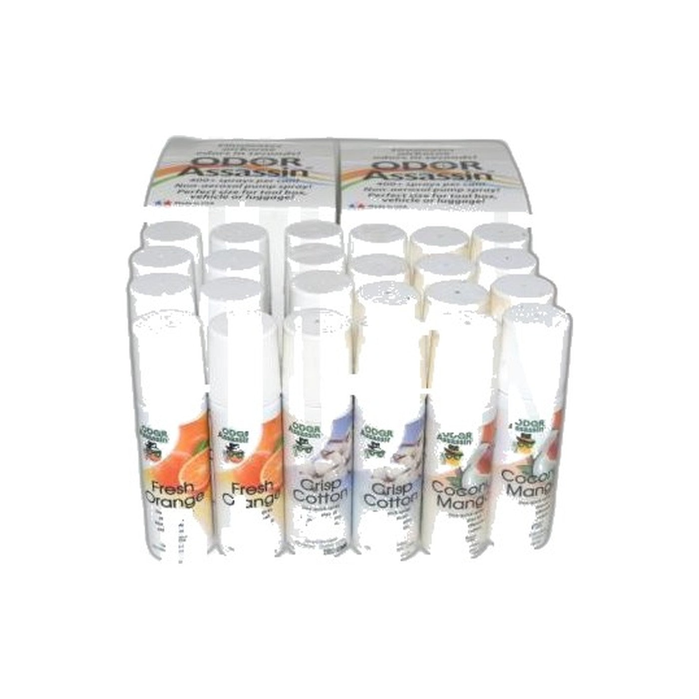 Odor Assassin Spray Bottles - 24 Pack, 2.2 oz (Orange, Cotton, Coconut Mango)