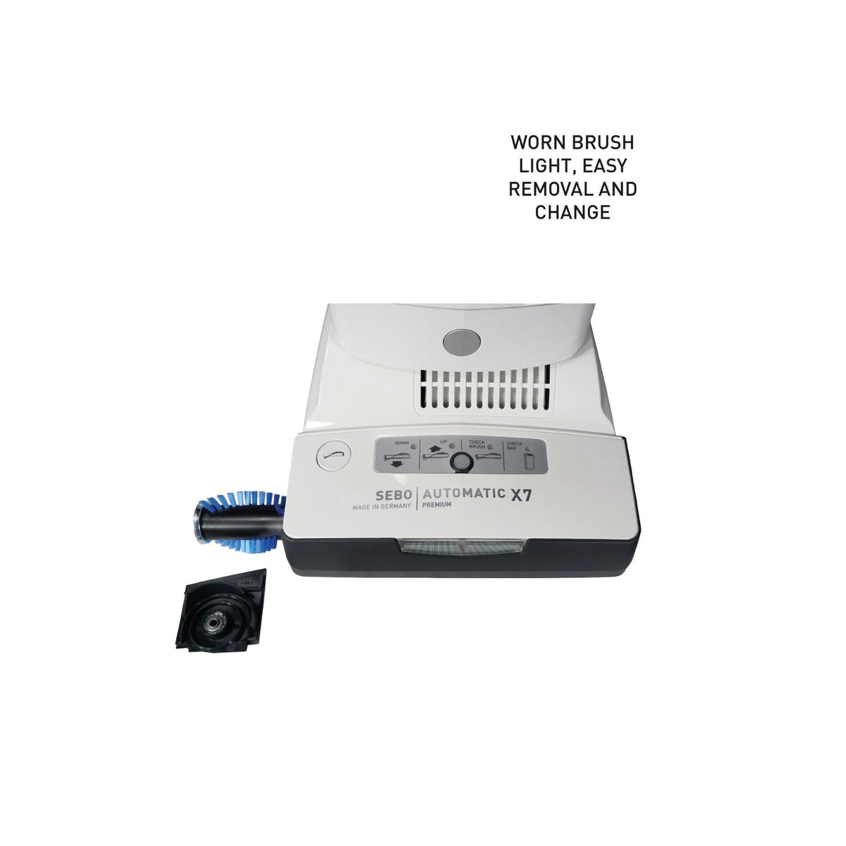 SEBO AUTOMATIC X7/X8 tool-free brush roller removal; feature illustration