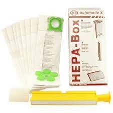 HEPA Service Box X4/X5, X1/X2 (6-piece carton), 8 bags, HEPA microfilter, and exhaust filter - SEBO