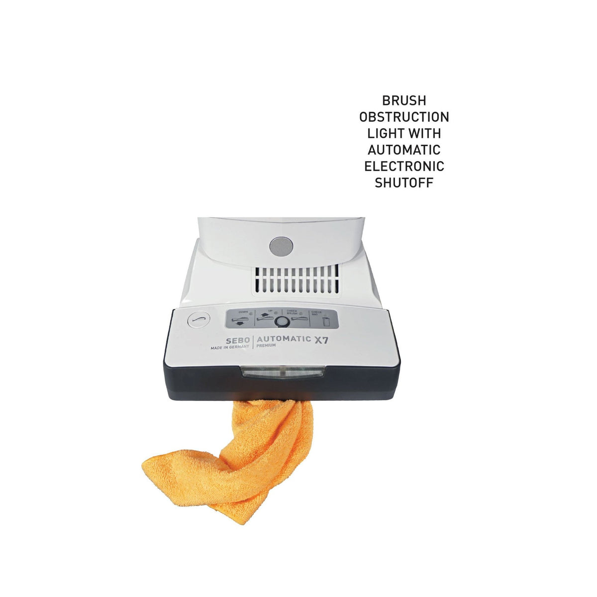 SEBO AUTOMATIC X7/X8 brush-obstruction demonstration; feature illustration, not the complete PET vacuum
