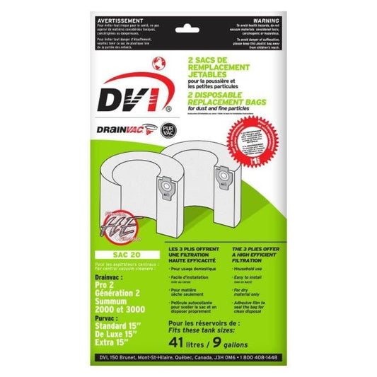 SAC-20 HEPA Central Vacuum 9 Gallon Bags, Side Fill, Pack of 2 - Drainvac