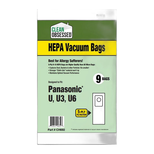 Clean Obsessed HEPA Bags for Panasonic Type U, U3, U6 (9-Pack)