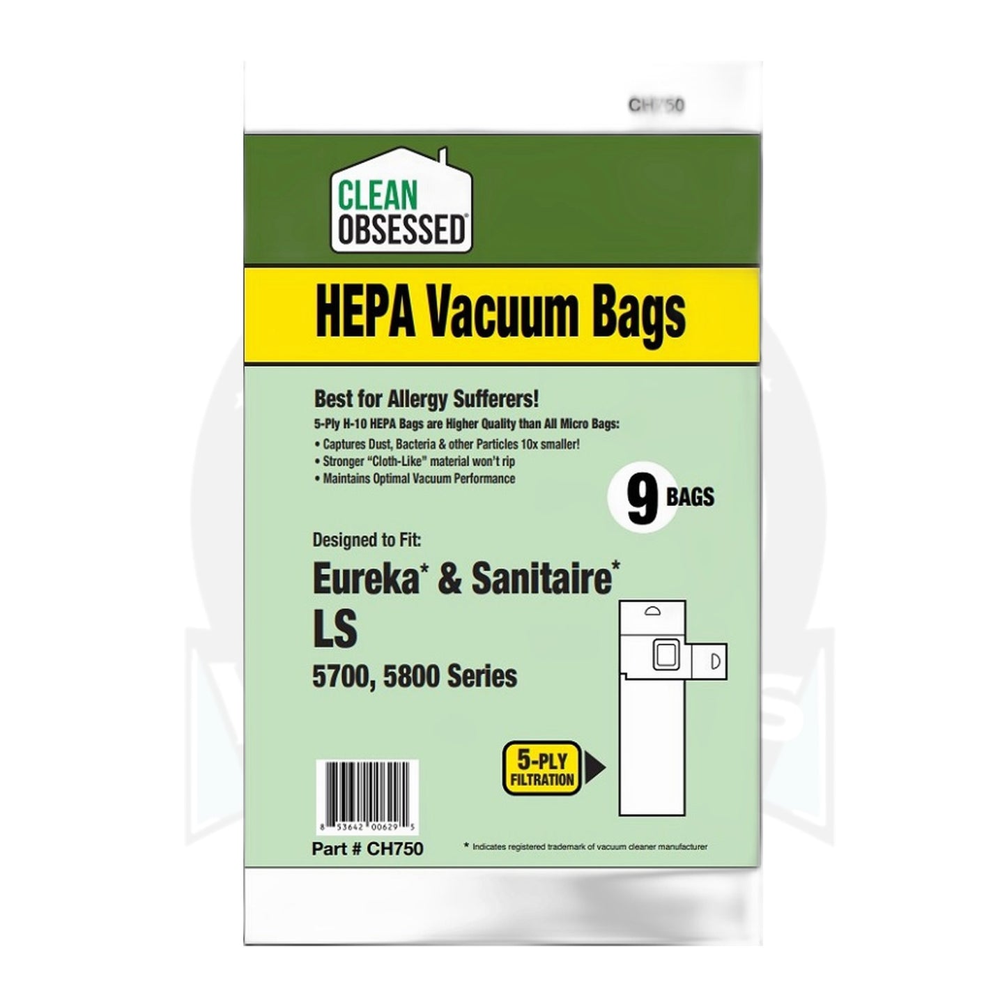 Clean Obsessed Type LS HEPA Vacuum Bags for Eureka/Sanitaire 5700 & 5800 (9-Pack)