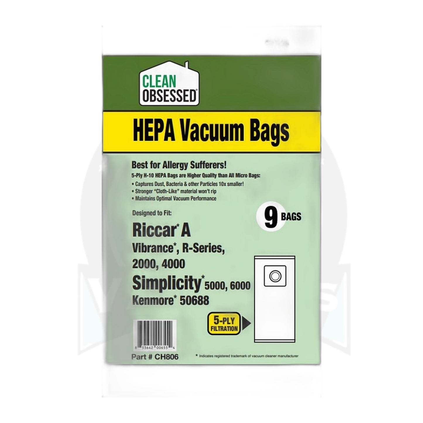 Clean Obsessed Type A Riccar / Simplicity HEPA Vacuum Bags, 9-Pack