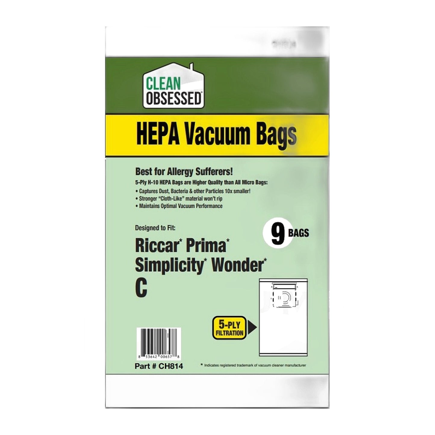 Clean Obsessed Type C Riccar Prima / Simplicity Wonder HEPA Bags, 9-Pack