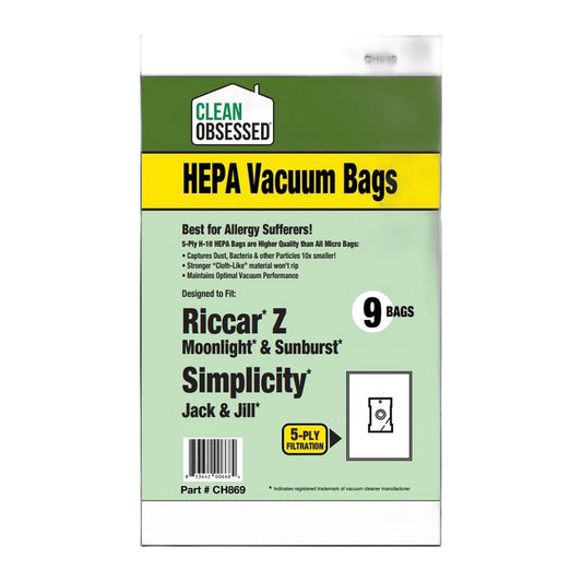 Clean Obsessed Type Z HEPA Bags for Riccar Moonlight & Bissell Zing, 9-Pack