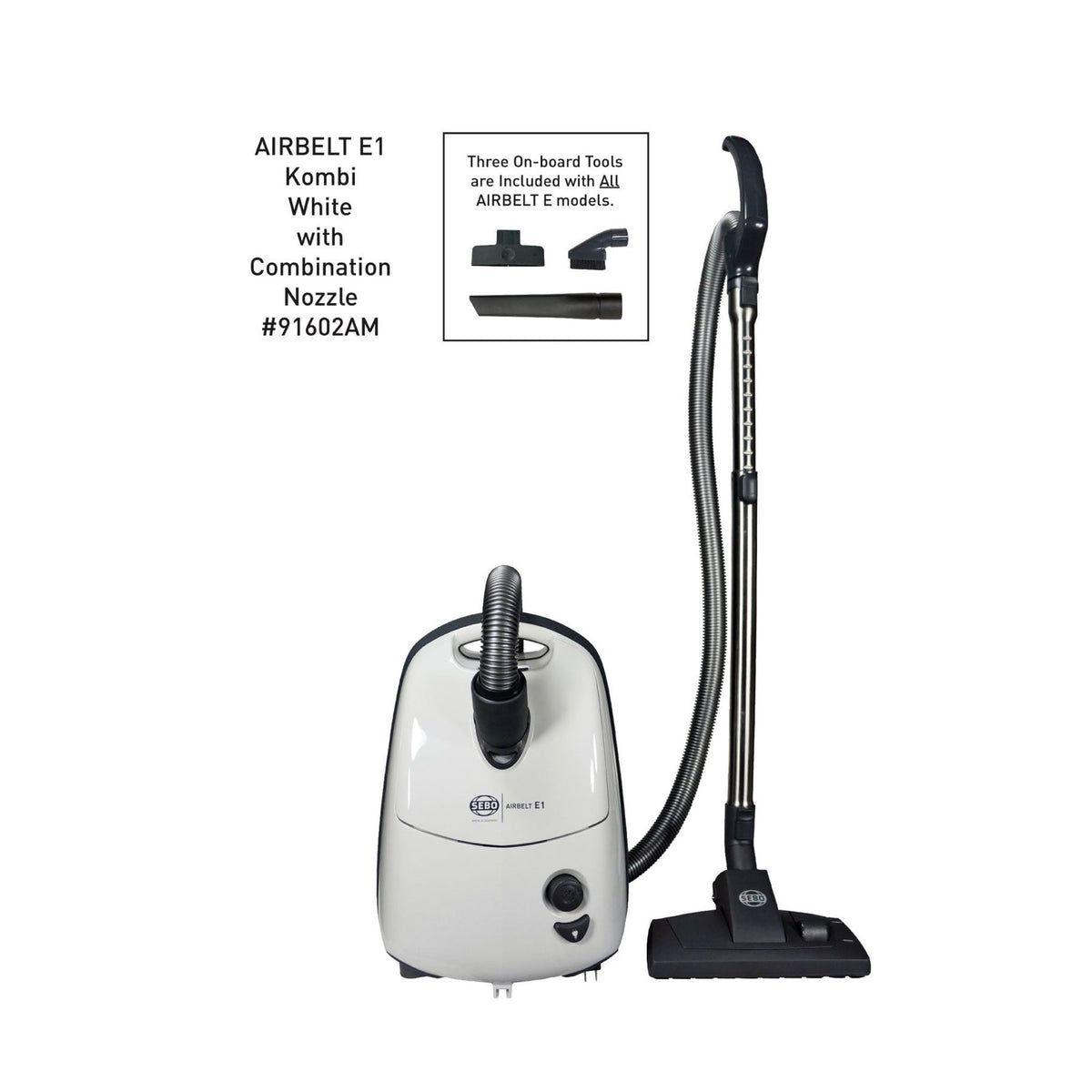 SEBO AIRBELT E1 Kombi Canister Vacuum with Combination Floor Nozzle (White)