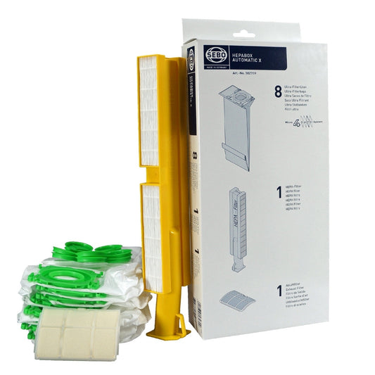 Genuine SEBO X1/X2/X4/X5 HEPA service box with 8 bags and filters; individual box shown from a 6-box case