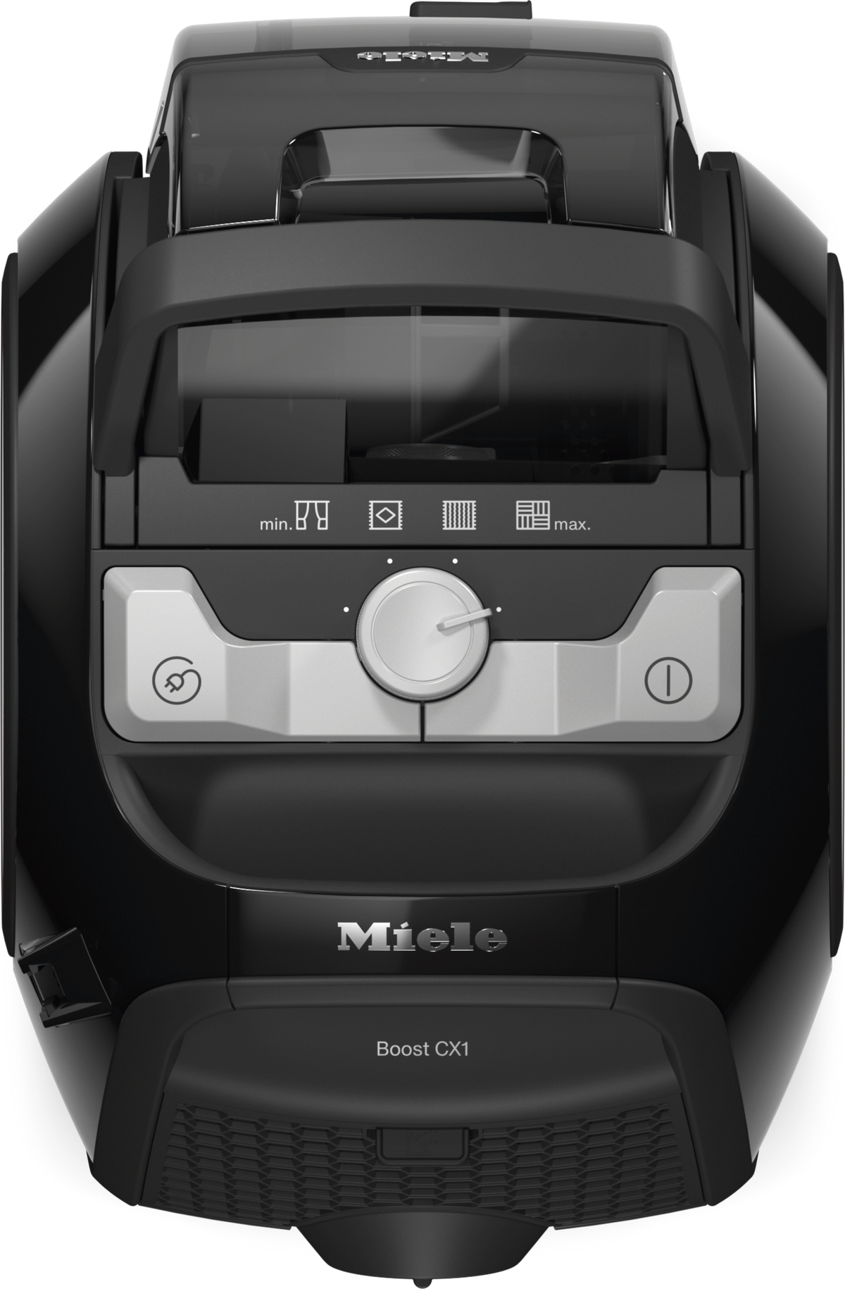 Miele 11735550 top view with suction controls and dust container