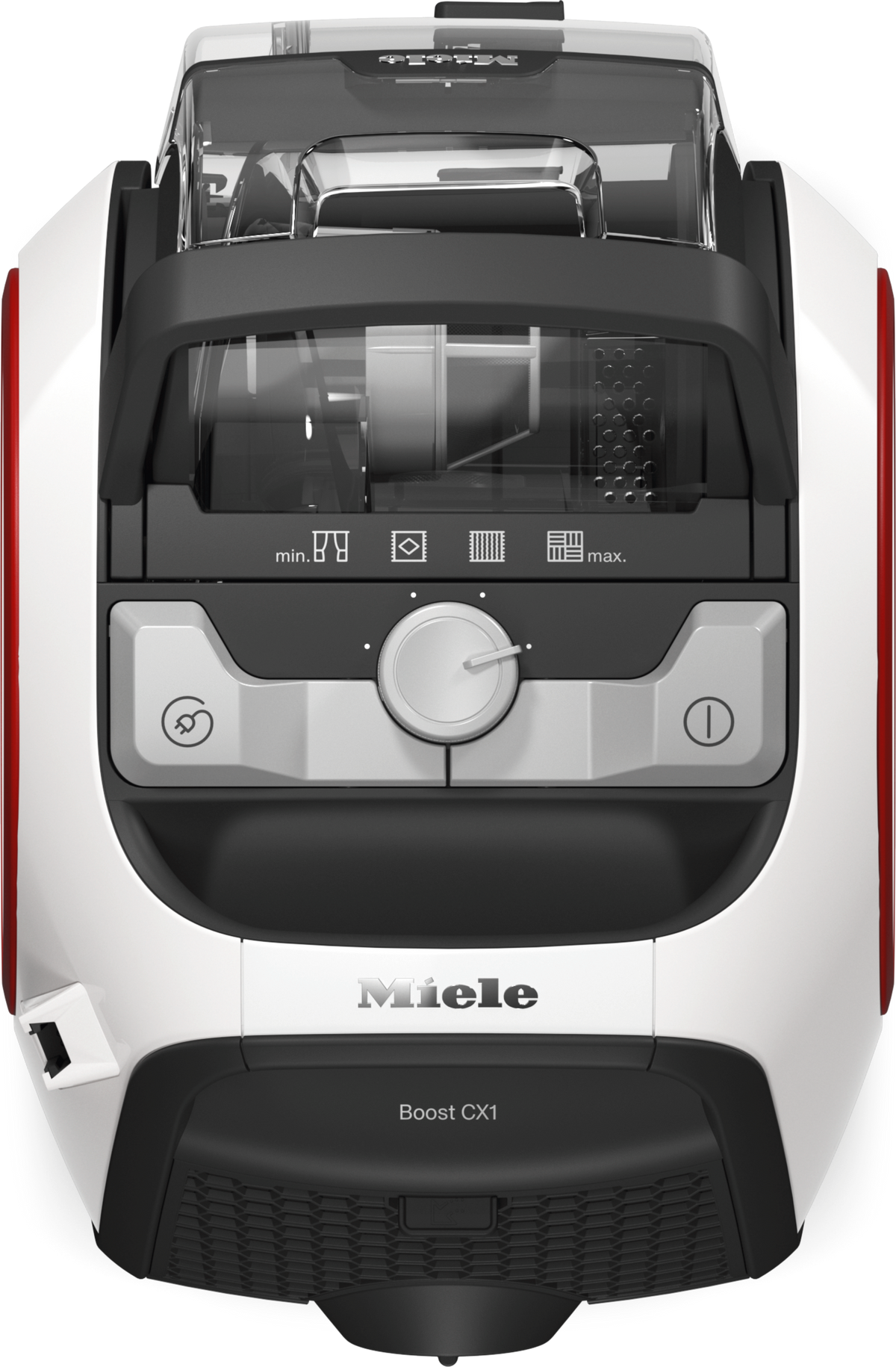 Miele 11735560 top view with suction controls and dust container