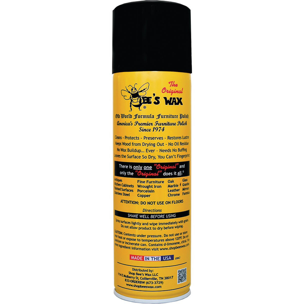 The Original Bee's Wax label showing approved surfaces, spray-and-wipe directions and do-not-use-on-floors warning