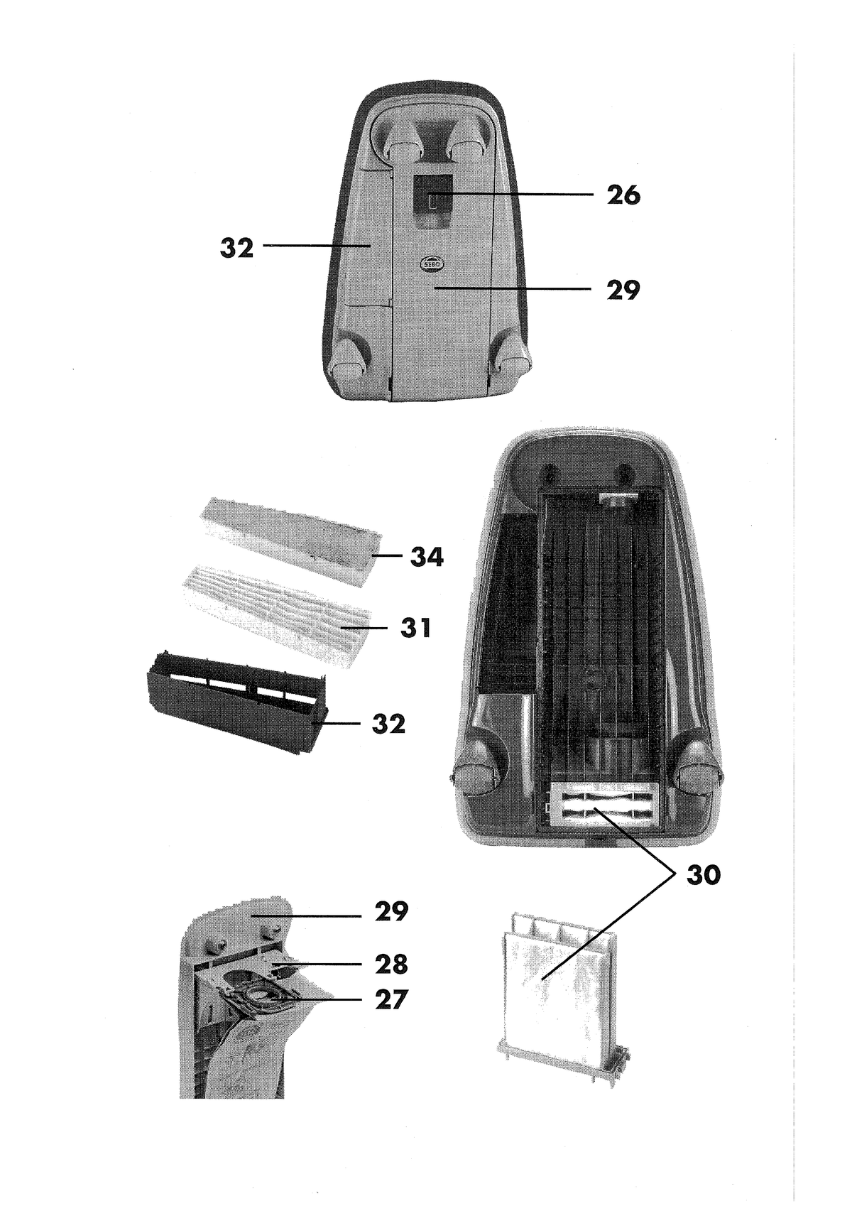 Original SEBO AIRBELT C3.1 manual illustration showing bag collar 27, bag holder 28 and filter locations; vacuum, housings and optional charcoal filter 34 are not included