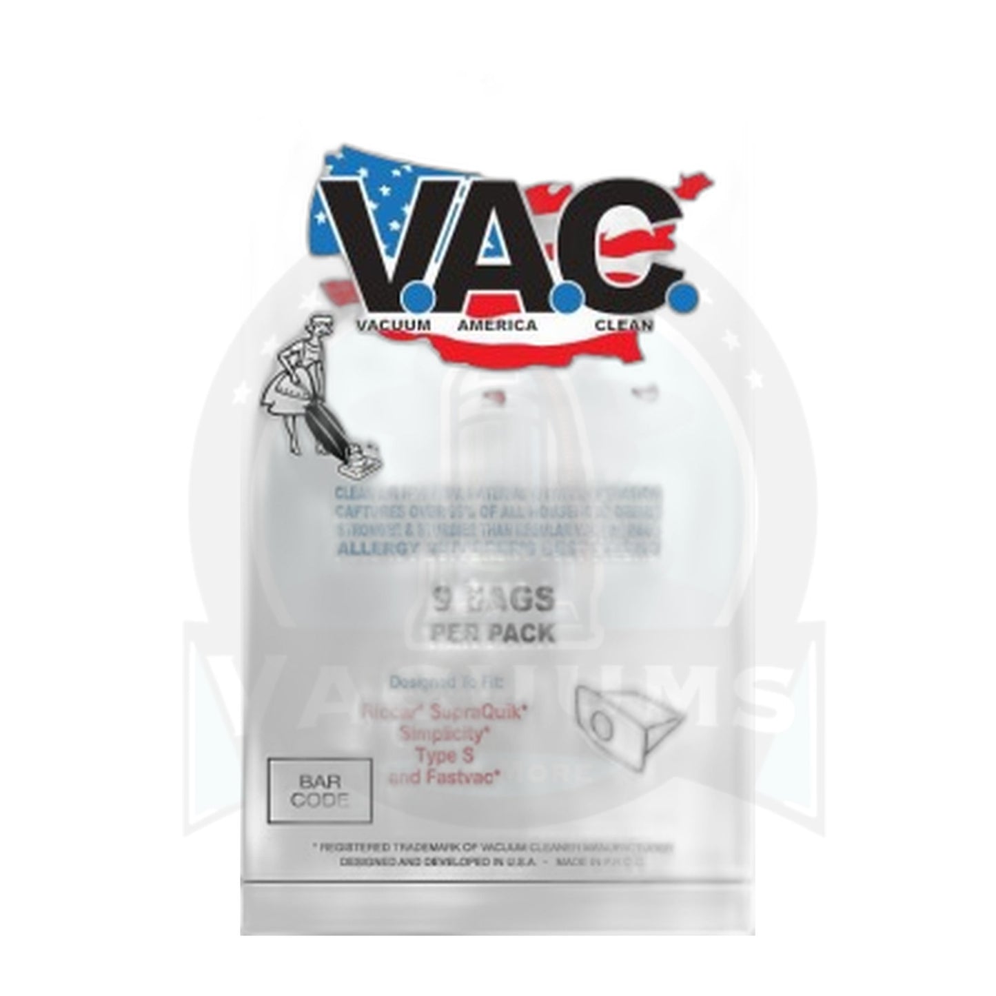 Perfect V.A.C. Type S HEPA Bags for Riccar SupraQuik & Simplicity FastVac, 9-Pack